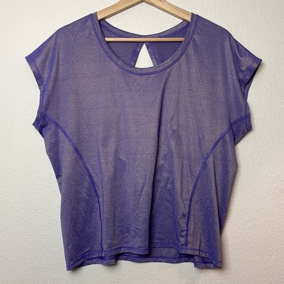 Lululemon Women’s Sweaty Or Not Crop Tee Heathered Iris Flower / Gold Size 8-10 - Picture 2 of 9